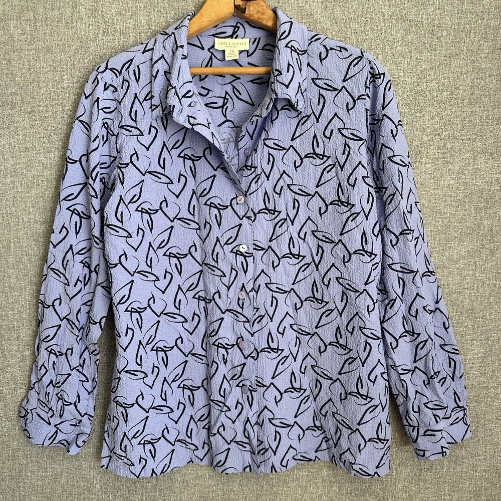 Vintage Appleseed's Womens Leaf Long Sleeve Shirt Lavender Blue Crinkle Petite M